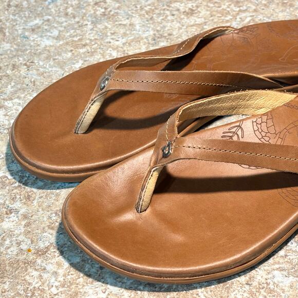 Olukai Women's Honu Brown Leather Strappy Flat Flip Flops Size 9 - Picture 5 of 9